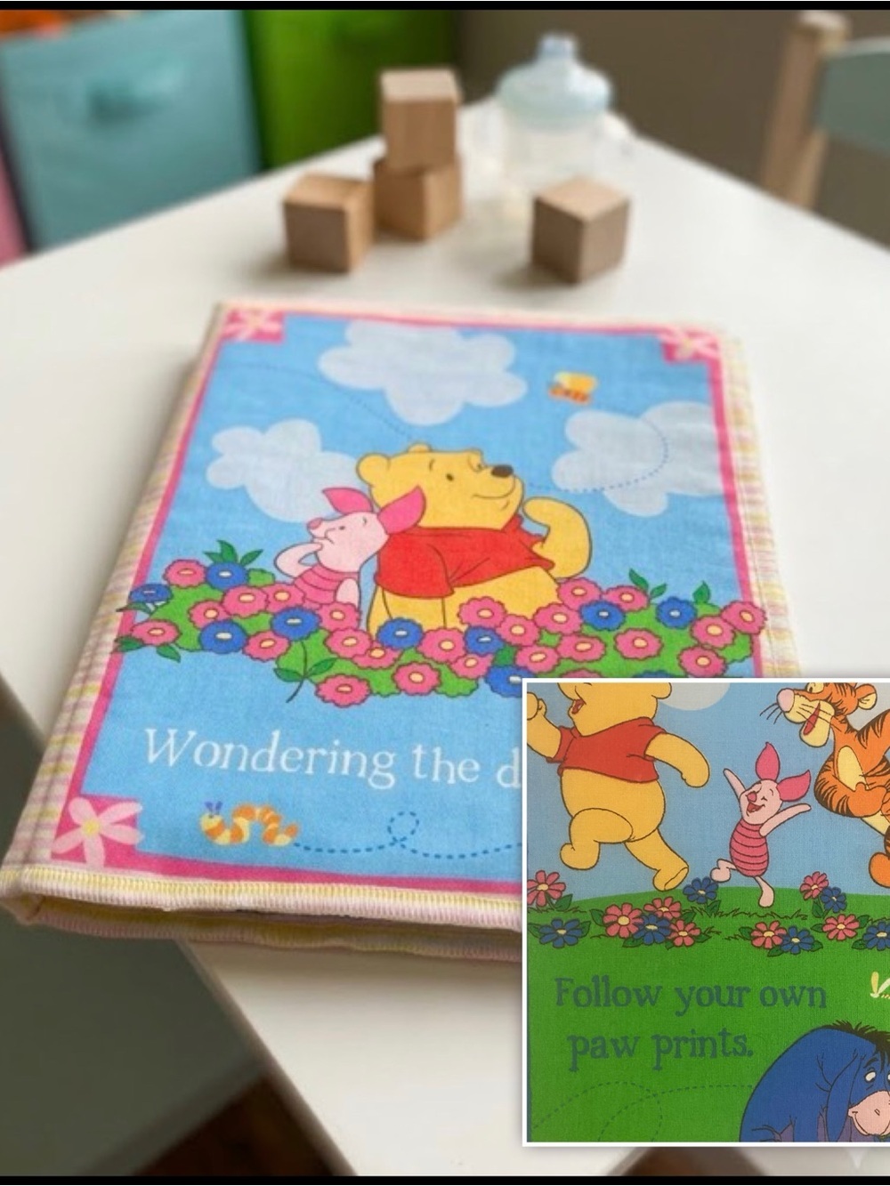 Winnie the Pooh Wondering The Day Away Fabric Soft Baby Cotton Book 9”x 7”